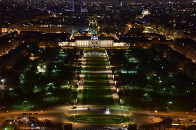 High angle view of illuminated champ de mars in city at night