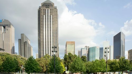 Low angle view of modern buildings against sky