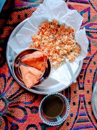 High angle view of meal served on table