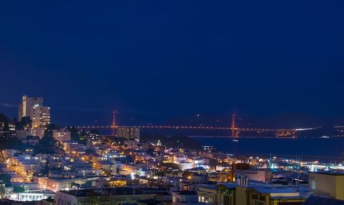 Illuminated cityscape with golden gate bridge in background against sky at night