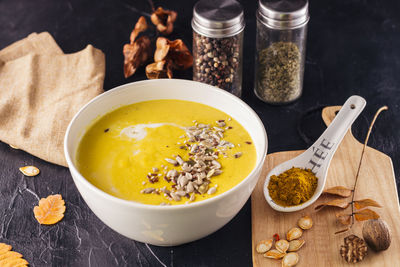 High angle view of food in bowl on table