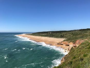 Scenic view of sea against clear blue sky