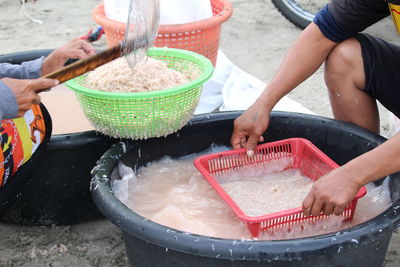 High angle view of man preparing food