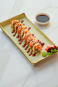 High angle view of sushi in plate