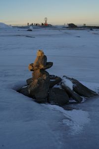 Driftwood on rock in sea against sky during winter