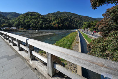 Scenic view of river by mountains against sky