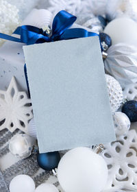 High angle view of christmas decoration in box