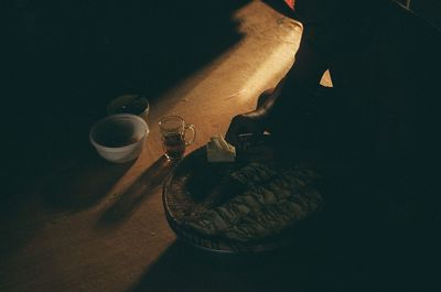 High angle view of coffee cup on table