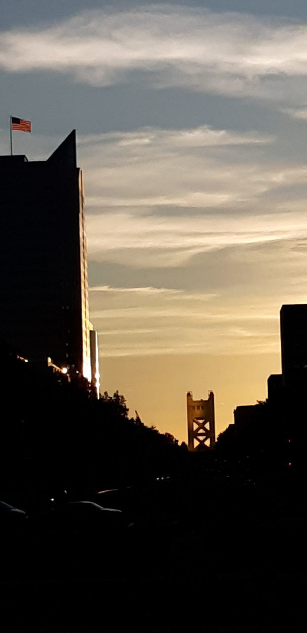 SILHOUETTE CITY STREET AGAINST SKY AT SUNSET