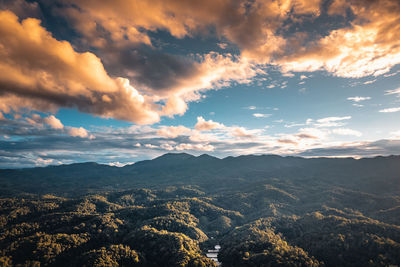 High angle view of townscape against sky during sunset