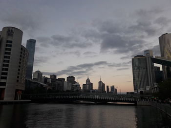 Buildings by river against sky during sunset
