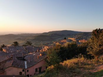 High angle view of townscape against sky during sunset