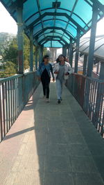 Rear view of people standing on railing