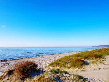 Scenic view of sea against clear blue sky