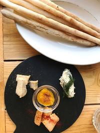 High angle view of bread in plate on table