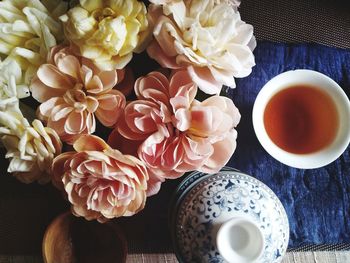 High angle view of tea served on table