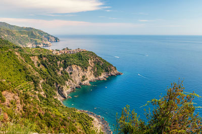 Panoramic overview  of ligurian seaside  at cinque terre area,  italy,  june, 2019.