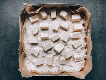 High angle view of ice cream on table