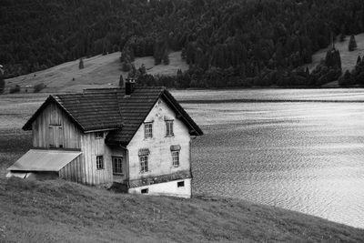 Houses by lake and buildings against trees