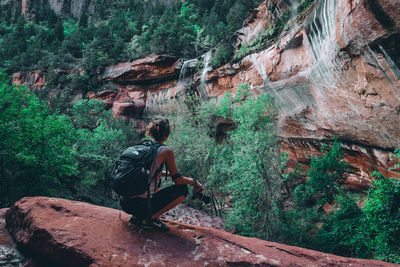 Rear view of man on rock in forest