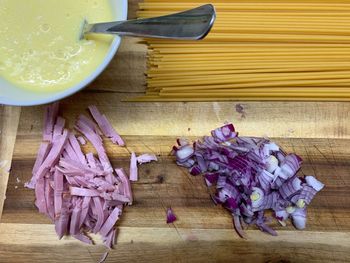 High angle view of food on cutting board