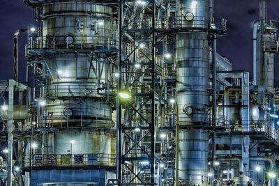 Low angle view of illuminated industry at night