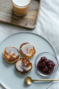 High angle view of breakfast on table