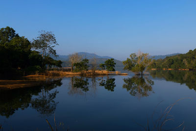 Scenic view of lake against clear blue sky