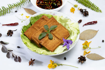 High angle view of food in plate on table