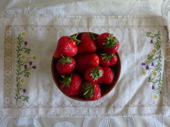 High angle view of strawberries in bowl on table