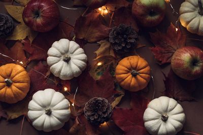 High angle view of pumpkins on table