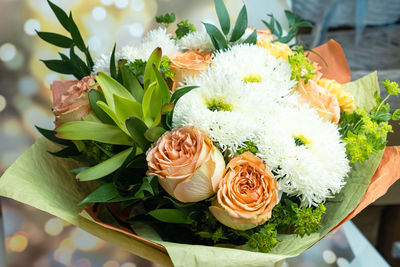 High angle view of rose bouquet on plant