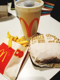 High angle view of coffee cup on table