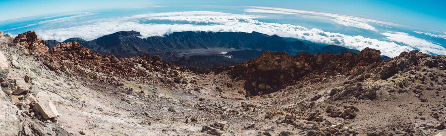 Panoramic view of snowcapped mountains against sky