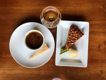 High angle view of breakfast served on table