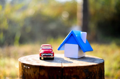 Close-up of toy car by model home on tree stump