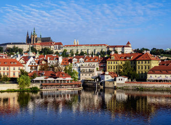 Buildings by river against sky