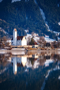 Reflection of trees and buildings on lake