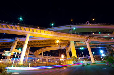 Illuminated light trails on bridge in city at night