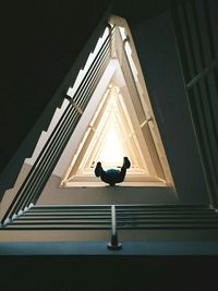 Directly below shot of person sitting amidst spiral staircases