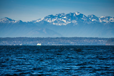 Scenic view of sea and mountains against blue sky