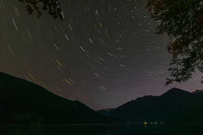 Scenic view of mountains against sky at night