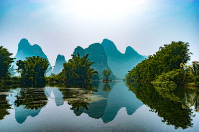 Scenic view of lake by trees against sky