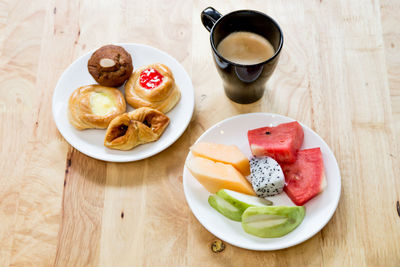 High angle view of breakfast on table