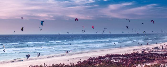 Group of people on beach against sky