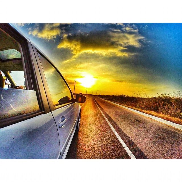 transportation, transfer print, sky, the way forward, sunset, auto post production filter, cloud - sky, diminishing perspective, vanishing point, mode of transport, railroad track, travel, cloud, rail transportation, road, cloudy, road marking, car, land vehicle, no people