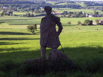 Rear view of man standing on grassy field