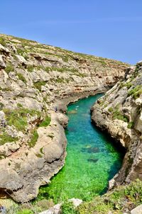 Scenic view of stream amidst rocks against clear blue sky