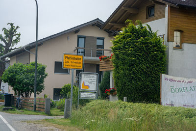 Information sign on tree by building in city