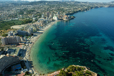 Aerial view breathtaking penyal difac natural park of penon de ifach massive. costa blanca spain